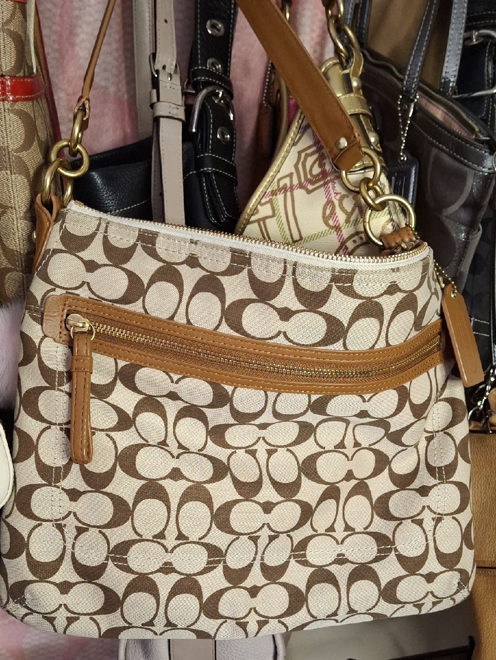 EUC COACH SIGNATURE DESIGN TAN BROWN MEDIUM FILE BAG 2013 w long strap added